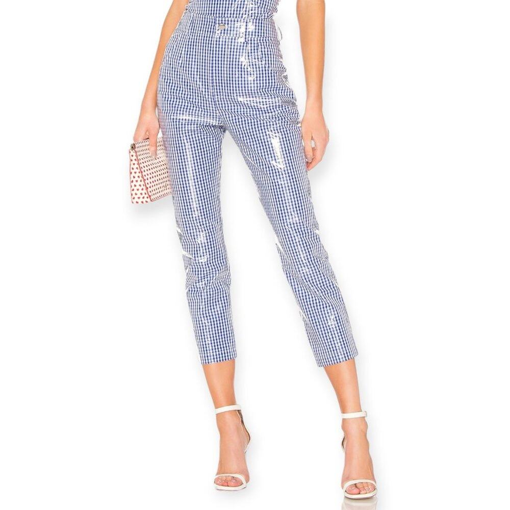 LPA Cropped Vinyl Gingham Pants SIZE L Blue High Rise Statement Trouser